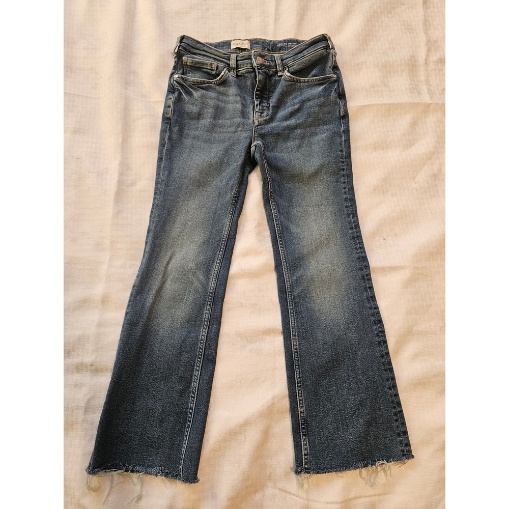 Pilcro Flare Jeans Womens 26P‎ Blue Raw Hem Petite Anthropologie Stretch Denim